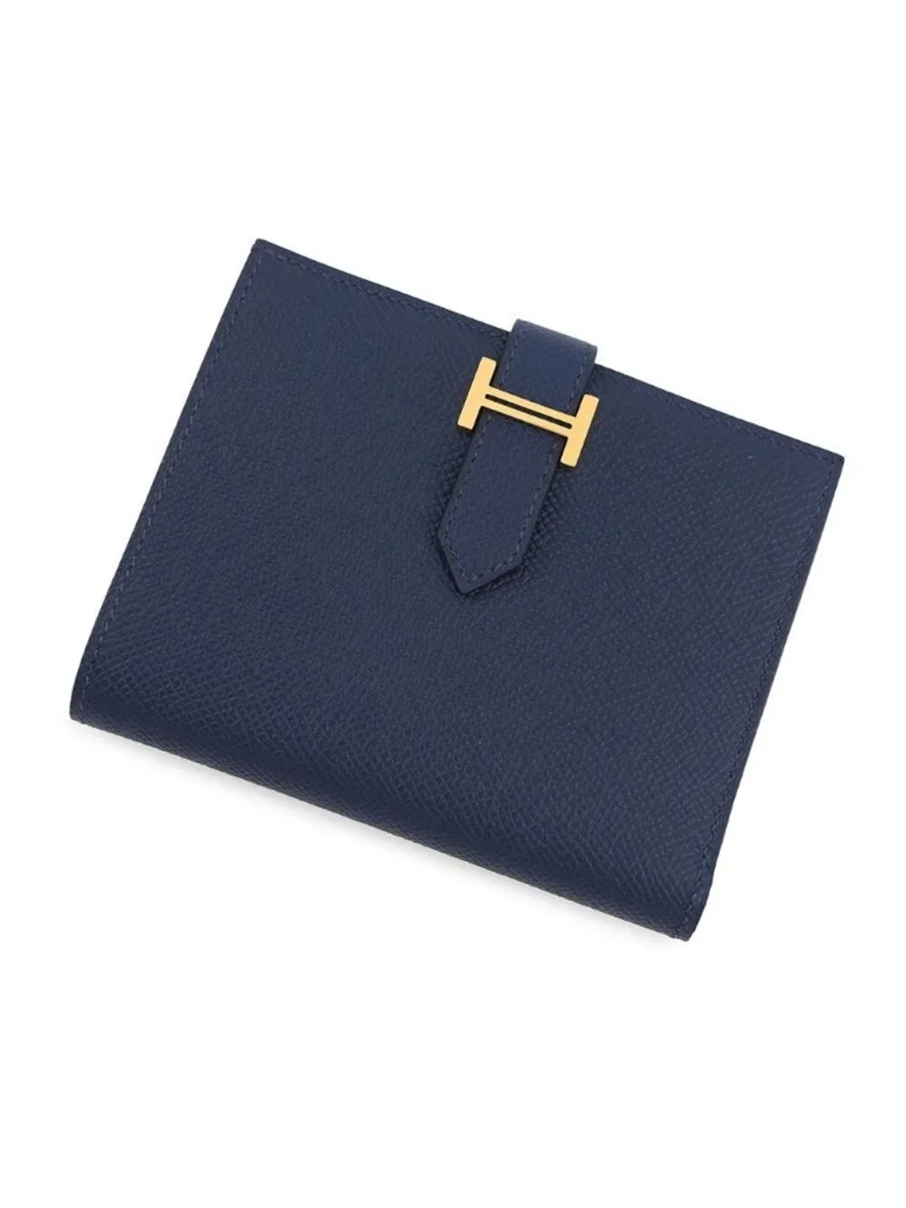 Hermes Bifold Wallet Bearn Compact Blue Navy Gold Epsom